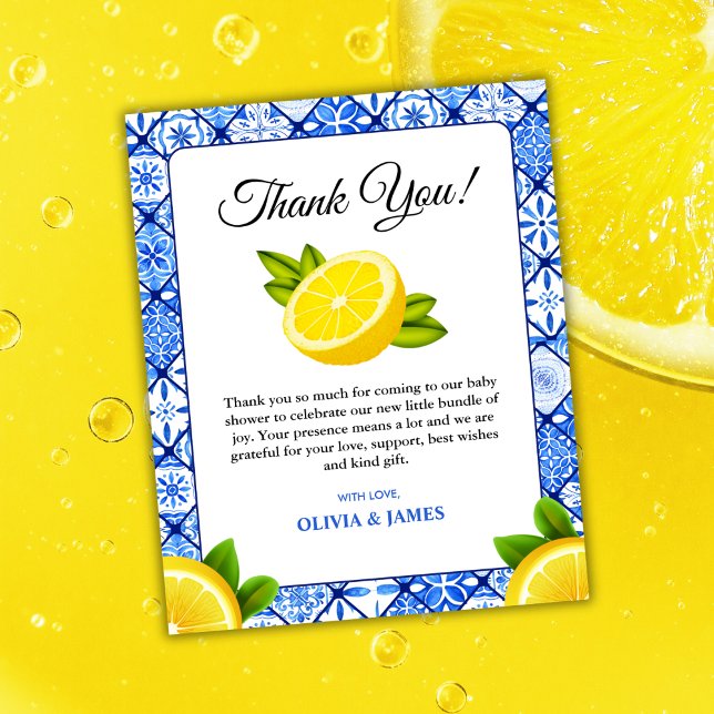 Cartões de agradecimentos de Chá de fraldas de lim (Budget Italian Blue Tile Lemon Baby Shower Thank You Card )
