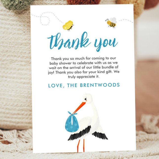 Cartões de agradecimentos de Chá de fraldas de Sto (Blue Thank you card template for baby shower or baby sprinkle with stork, bees and butterflies)