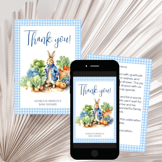 Cartões de agradecimentos de chá de fraldas do beb (Peter rabbit boy baby baby shower thank you card blue gingham cute bunny in veggie garden thank you)