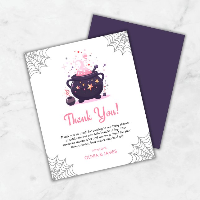 Cartões de agradecimentos de Chá de fraldas do Dia (Budget Pink Cauldron A Baby is Brewing Halloween Baby Shower Thank You Card  )