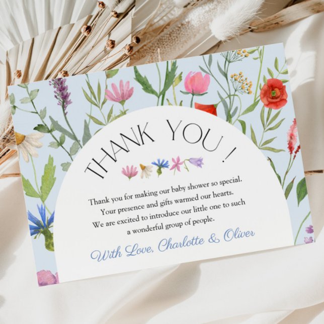 Cartões de agradecimentos de Chá de fraldas Floral (Wildflower Blue Floral Baby Shower Thank You Card)