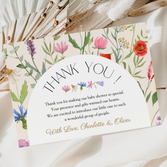Cartões de agradecimentos de Chá de fraldas Floral (Wildflower Beige Floral Baby Shower Thank You Card)