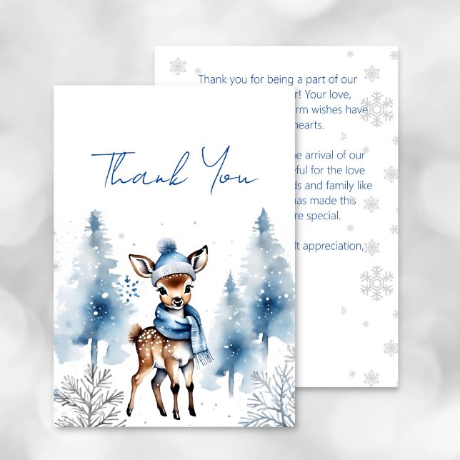 Cartões de agradecimentos de chá de fraldas para r (oh deer winter baby shower thank you card watercolor cute baby deer in a scarf and hat snowy pines)