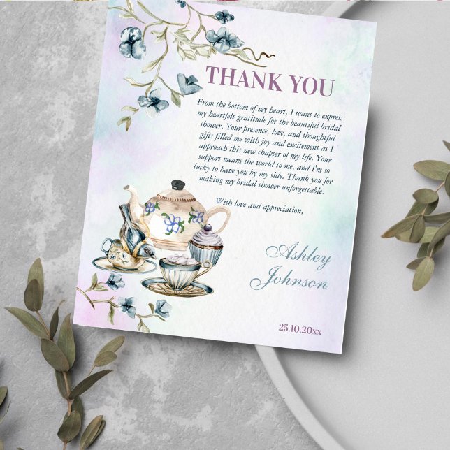 Cartões de agradecimentos de chá de panela de chá  (Bridal shower tea party thank you card pastel blues tea pot cups a bird and flowers)