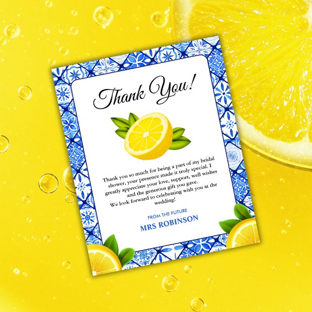 Cartões de agradecimentos de Chá de panela de limã (Mediterranean Italian Blue Tile Lemon Bridal Shower Thank You Card )