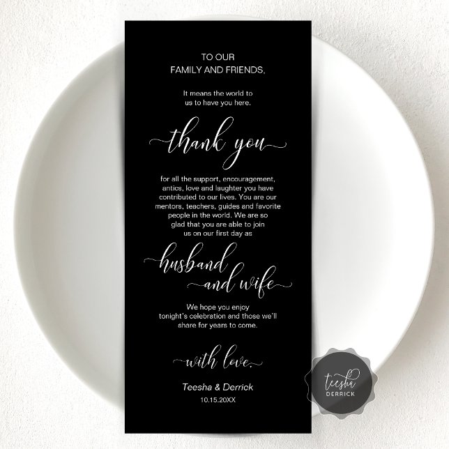Cartões de agradecimentos de Configuração de Casam (Wedding Dinner or Elopement Brunch Place Setting Thank You Card, In Modern Classy Black and white)