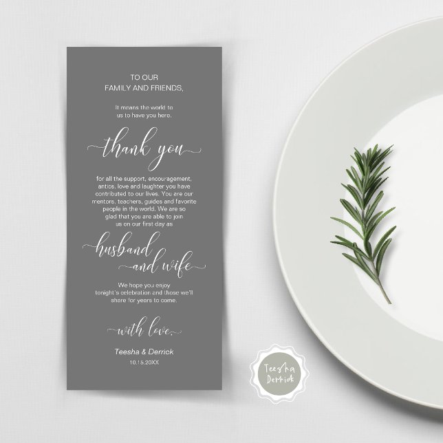 Cartões de agradecimentos de Configuração de Casam (Wedding Dinner Place Setting Thank You Card, Plate Decor, Modern Classy, in Dark Grey)