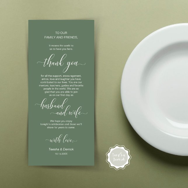 Cartões de agradecimentos de Configuração de Casam (Wedding Dinner Place Setting Thank You Card, Plate Decor, Modern Classy, in Forest Sage Green)