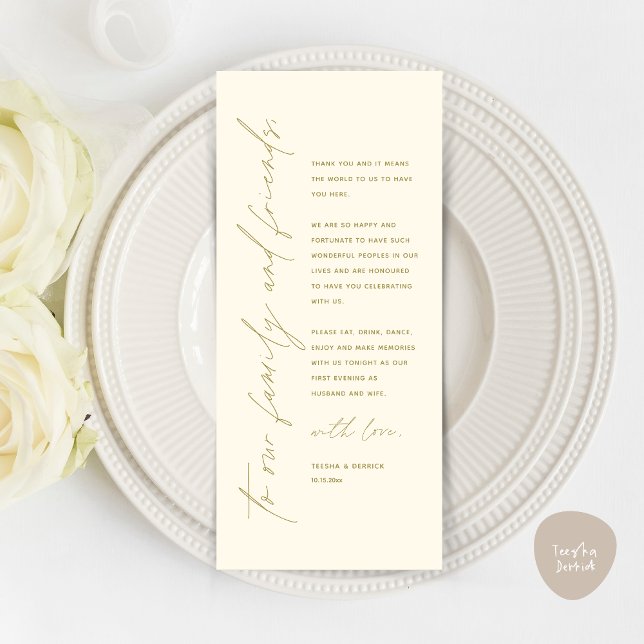 Cartões de agradecimentos de Configuração de Local (Minimalist Wedding Place Setting Thank You Dinner Card, in Yellow Gold)