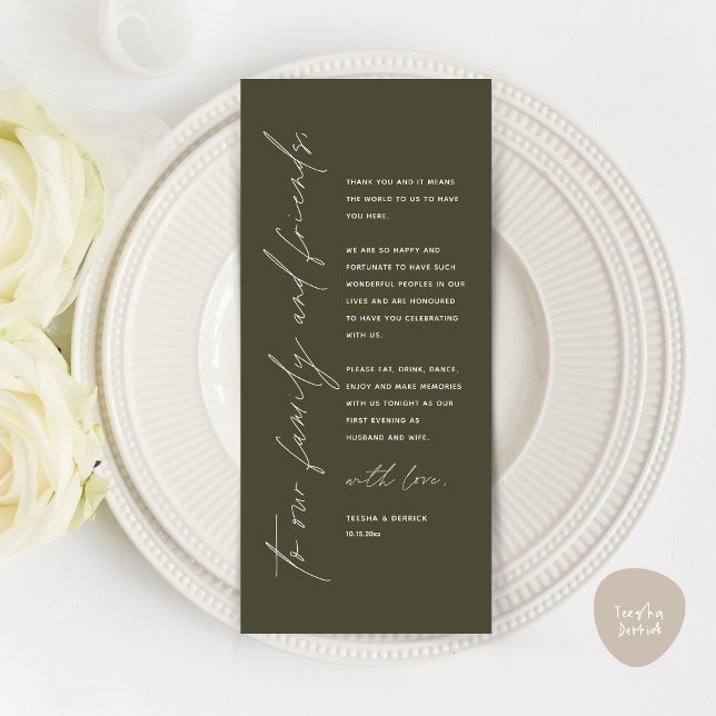 Cartões de agradecimentos de Configuração de Local (Minimalist Wedding Place Setting Thank You Dinner Card, in Olive Green)