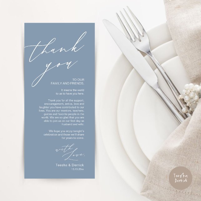 Cartões de agradecimentos de Configuração de Local (Wedding Place Setting Dinner Thank You Card, Modern Romantic Script, in Dusty Blue)