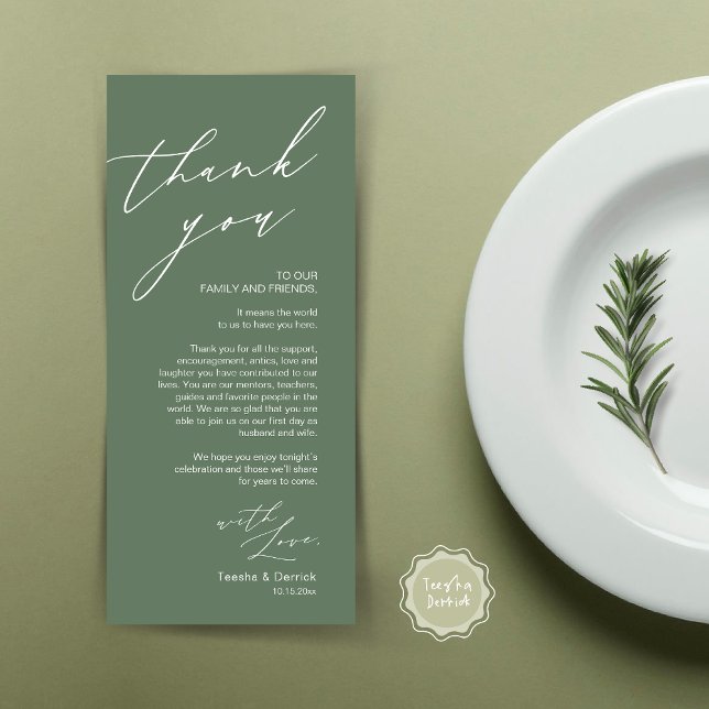 Cartões de agradecimentos de Configuração de Local (Wedding Place Setting Dinner Thank You Card, Modern Romantic Script, in Forest Sage Green)