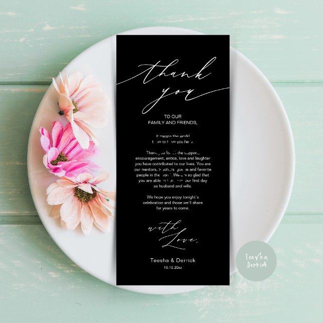 Cartões de agradecimentos de Configuração de Local (Minimalist Wedding Dinner Place Setting Thank You Card, plate decor in Black and White)