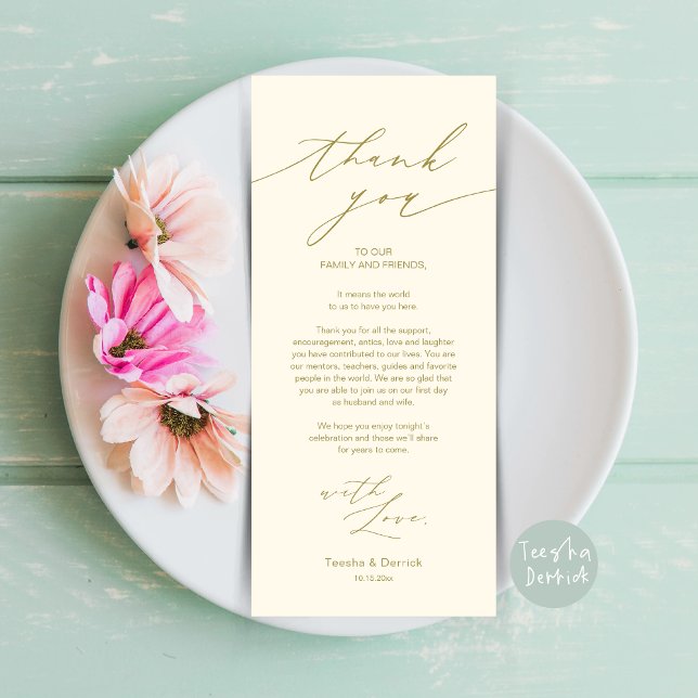 Cartões de agradecimentos de Configuração de Local (Minimalist Wedding Dinner Place Setting Thank You Card, plate decor in Yellow Gold)