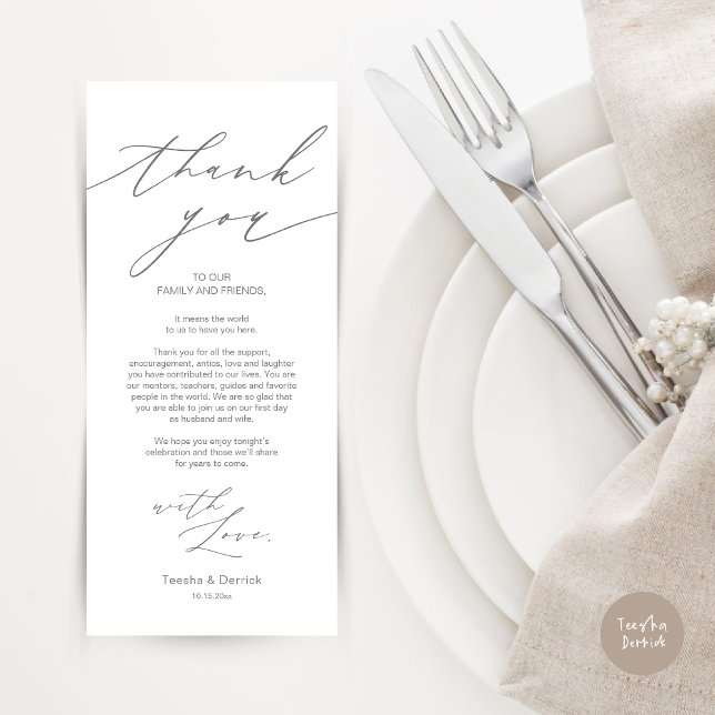 Cartões de agradecimentos de Configuração de Local (Wedding Dinner Place Setting Thank You Card, Modern Minimalist Design, in Dark Grey)