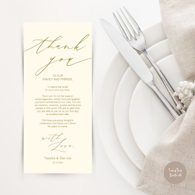 Cartões de agradecimentos de Configuração de Local (Wedding Dinner Place Setting Thank You Card, Modern Minimalist Design, in retro gold)