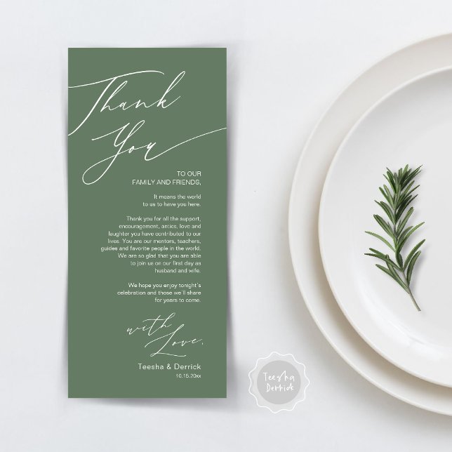 Cartões de agradecimentos de Configuração de Local (Wedding Dinner Place Setting Thank You Card, Modern Minimalist, in Sage Green)