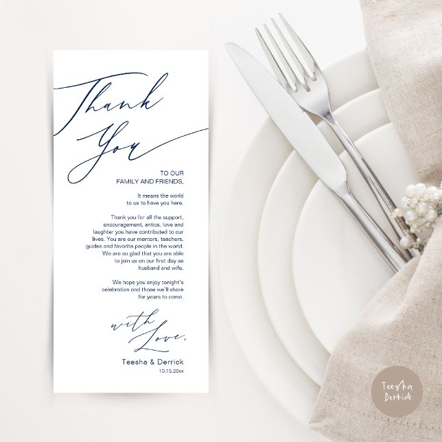 Cartões de agradecimentos de Configuração de Local (Wedding Dinner Place Setting Thank You Card, Modern Minimalist, in Navy Blue)