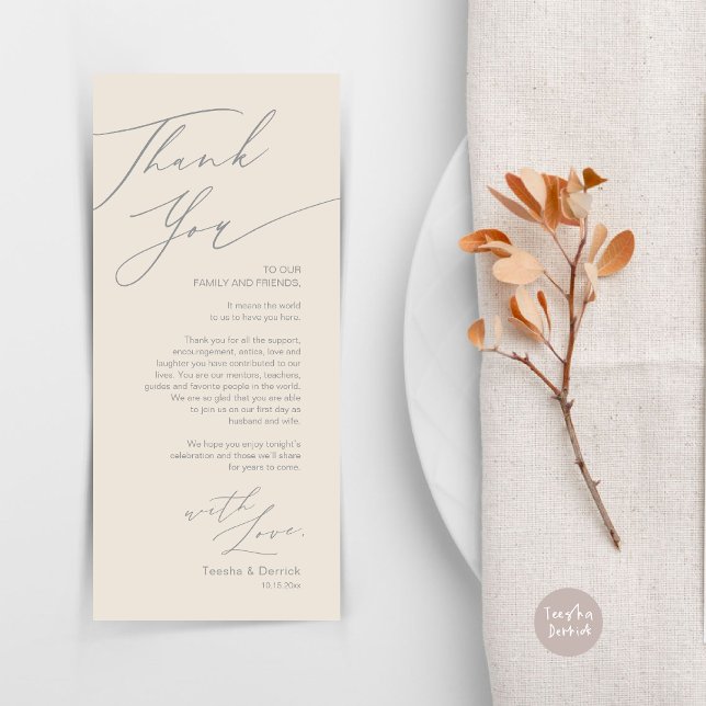 Cartões de agradecimentos de Configuração de Local (Wedding Dinner Place Setting Thank You Card, Modern Minimalist, in Grey and Cream)