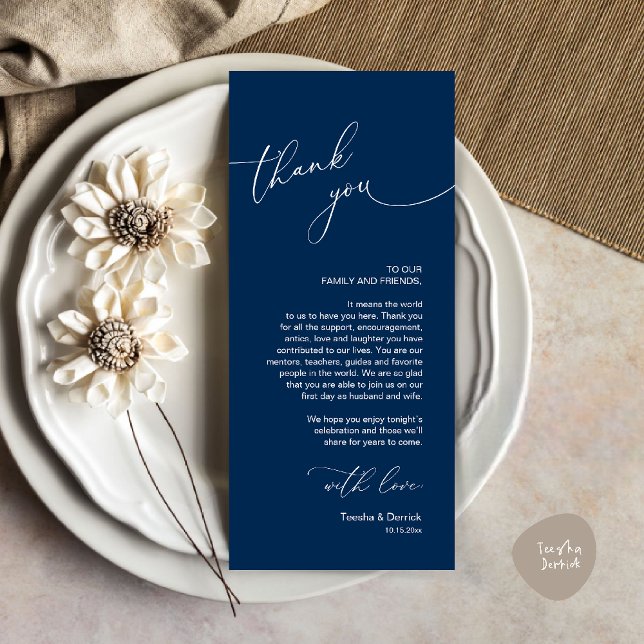 Cartões de agradecimentos de Configuração de Local (Wedding Dinner Celebration Place Setting Thank You Modern Romantic Card in Navy Blue)