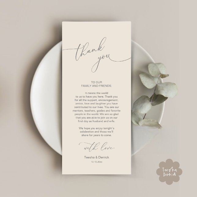 Cartões de agradecimentos de Configuração de Local (Wedding Dinner Celebration Place Setting Thank You Modern Romantic Card in Cream Grey)