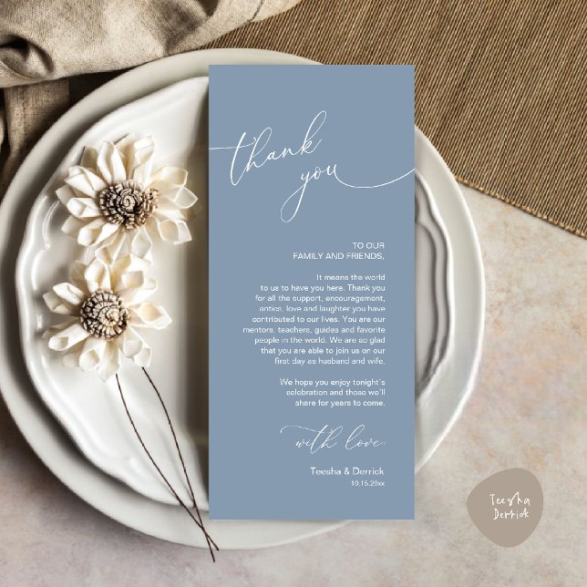 Cartões de agradecimentos de Configuração de Local (Wedding Dinner Celebration Place Setting Thank You Modern Romantic Card in Dusty Blue)