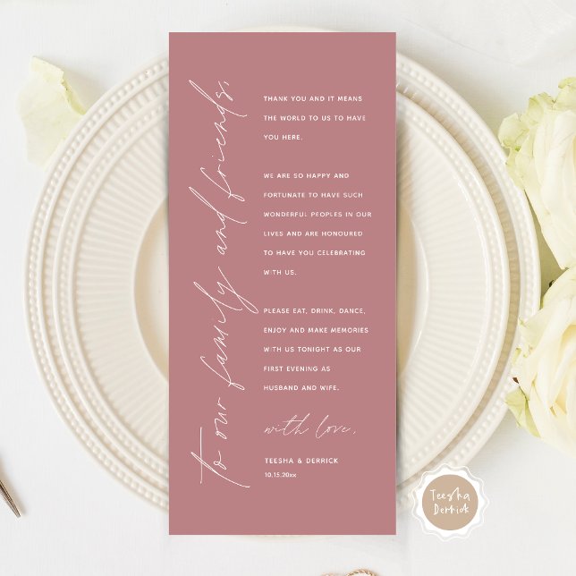 Cartões de agradecimentos de Configuração de Local (Modern Minimalist Wedding Place Setting Thank You Card for Your Wedding Dinner Party, Dusty Rose.)