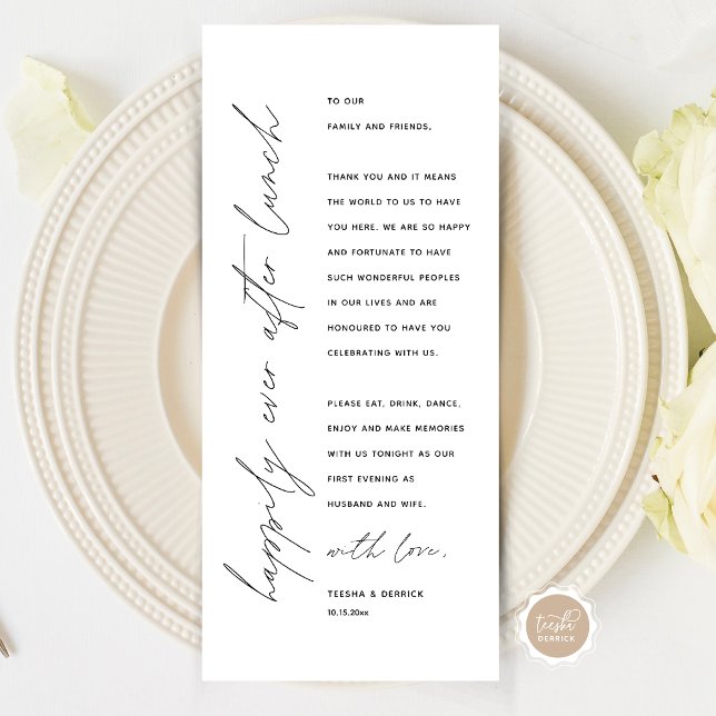 Cartões de agradecimentos de Configuração de Local (Wedding Happily Ever After Lunch Place Setting Thank You Card, in Modern Minimalist Script Themed)