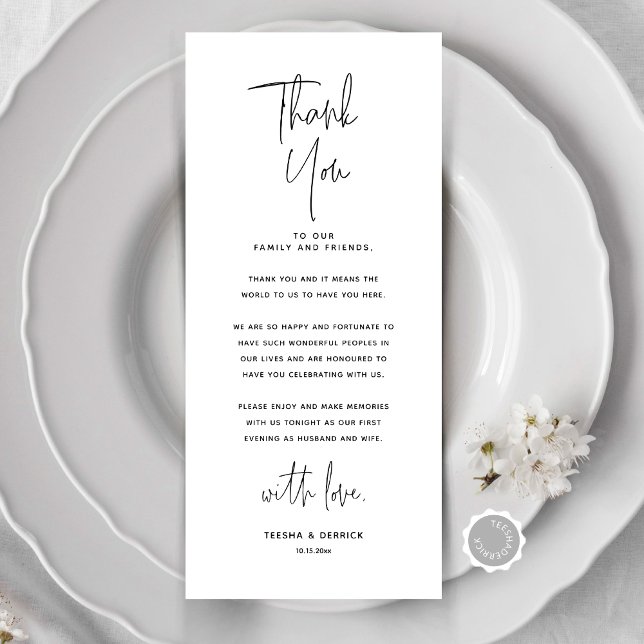Cartões de agradecimentos de Configuração de Local (Modern Minimalist Wedding Place Setting Thank You Card, Dinner Place Decor, Online Editable)