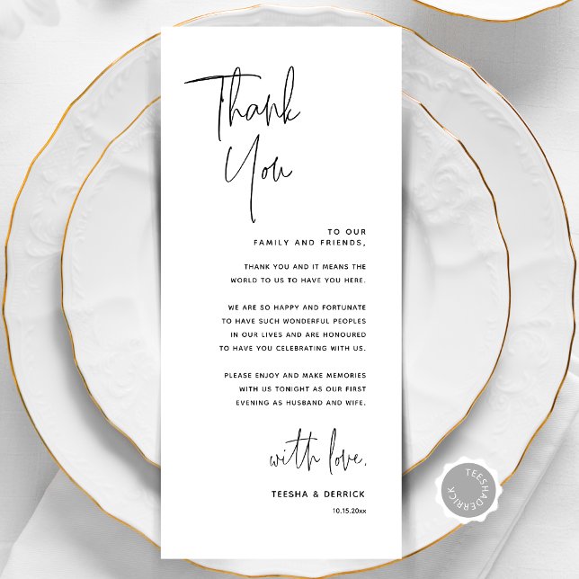 Cartões de agradecimentos de Configuração de Local (Modern Minimalist Wedding Place Setting Thank You Card, Online Editable, Dinner Place Decor)