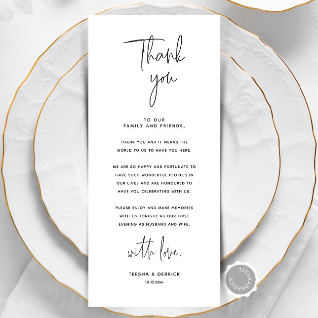 Cartões de agradecimentos de Configuração de Local (Modern Minimalist Wedding Place Setting Thank You Card, Dinner place decor, Napkin notes, editable)