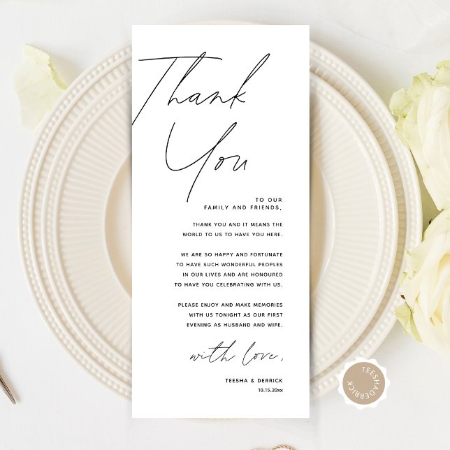 Cartões de agradecimentos de Configuração de Local (Modern Minimalist Wedding Place Setting Thank You Card, Dinner Plate Decor, Online Editable)