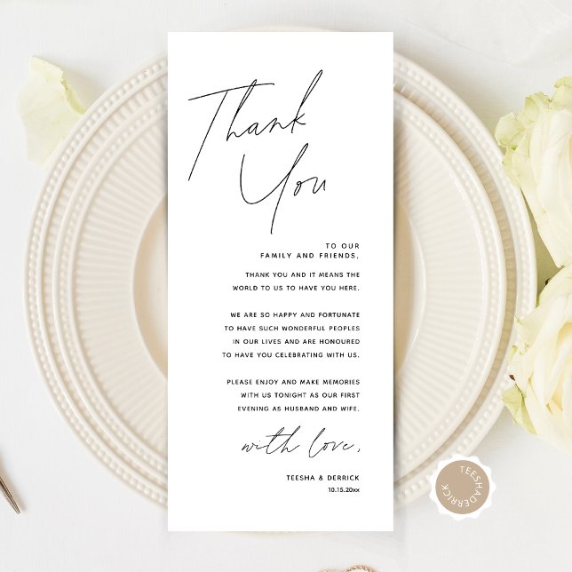 Cartões de agradecimentos de Configuração de Local (Modern Minimalist Wedding Place Setting Thank You Card, Dinner Plate Decor, Online Editable)