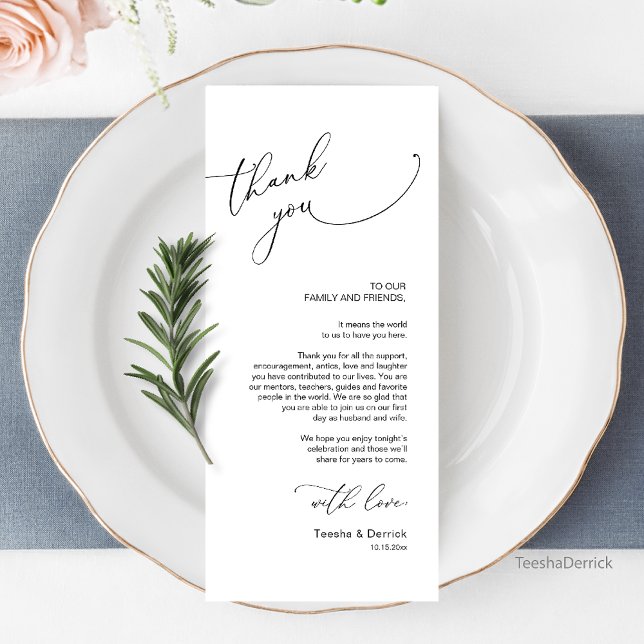 Cartões de agradecimentos de Configuração de Local (Modern Romantic Wedding Dinner Place Setting Thank You Card, Plate Decoration)