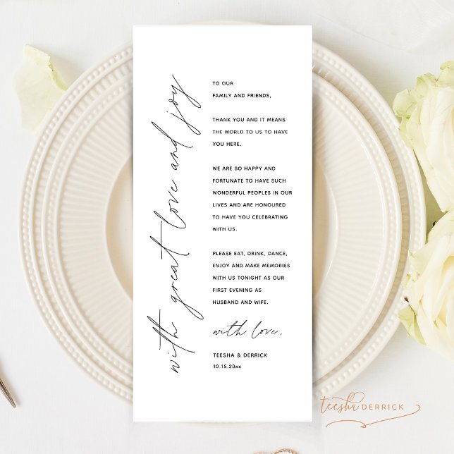 Cartões de agradecimentos de Configuração de Local (With Great and Joy, Minimalist Modern Minimal Wedding Dinner Place Setting Thank You Card)