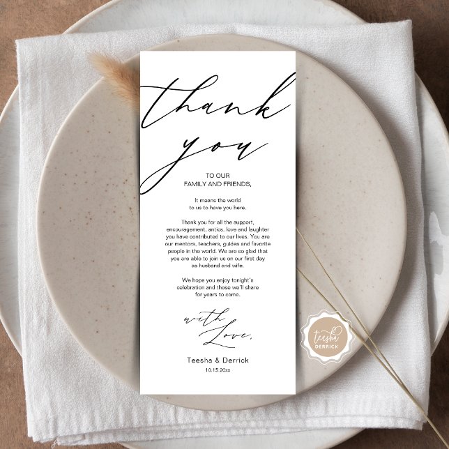 Cartões de agradecimentos de Configuração de Local (Wedding Dinner Place Setting Thank You Card, Plate Decor, in Modern Gentle Script, Black themed.)