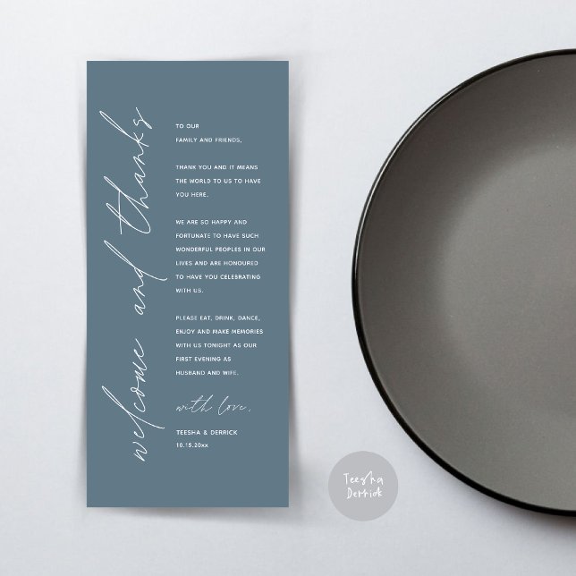 Cartões de agradecimentos de Configuração de Local (Wedding Dinner Place Setting Thank You Card, Modern Minimalist, in Dusty Blue)