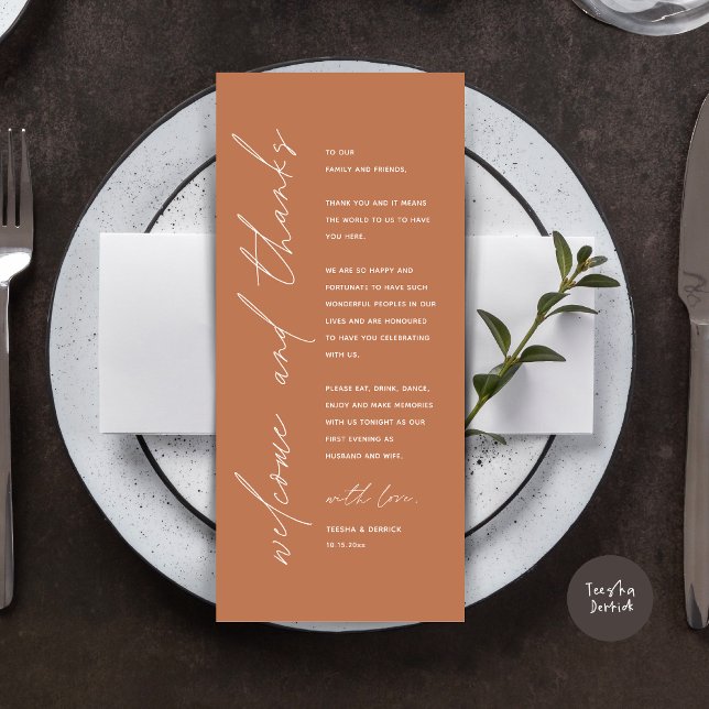 Cartões de agradecimentos de Configuração de Local (Wedding Dinner Place Setting Thank You Card, Modern Minimalist, in Copper Rust)