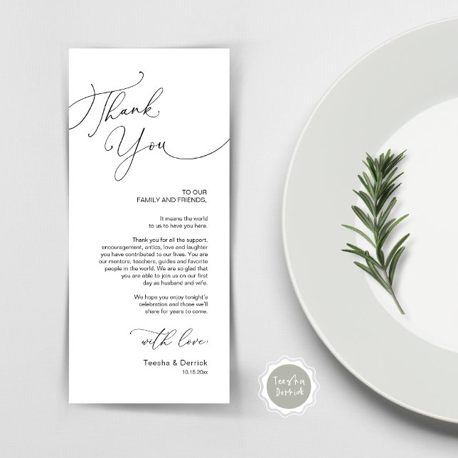 Cartões de agradecimentos de Configuração de Local (Place Setting Thank You Card, Modern Romantic, Wedding Dinner, Lunch, Brunch in Black and White)