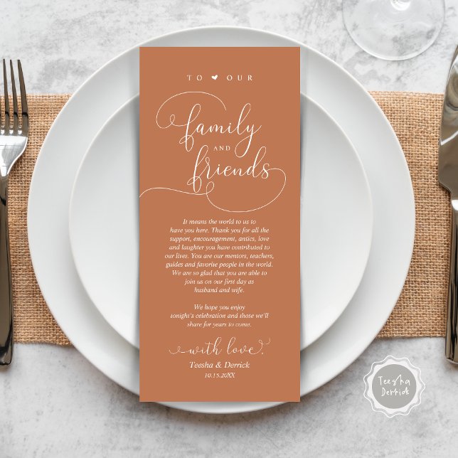 Cartões de agradecimentos de Configuração de Local (Modern Elegant Wedding Dinner Place Setting Thank You Card, Plate Decor, in Copper Rust Brown)