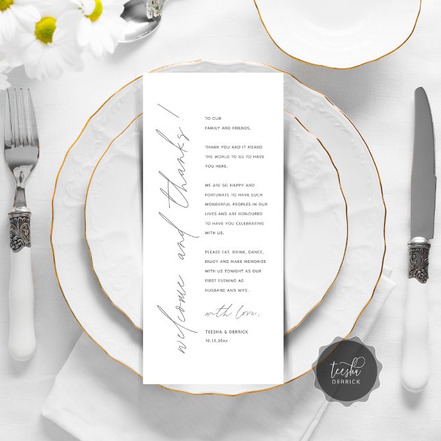 Cartões de agradecimentos de Configuração de Local (Minimalist Wedding Place Setting Thank You Card, for dinner, brunch, lunch party, in dark grey)