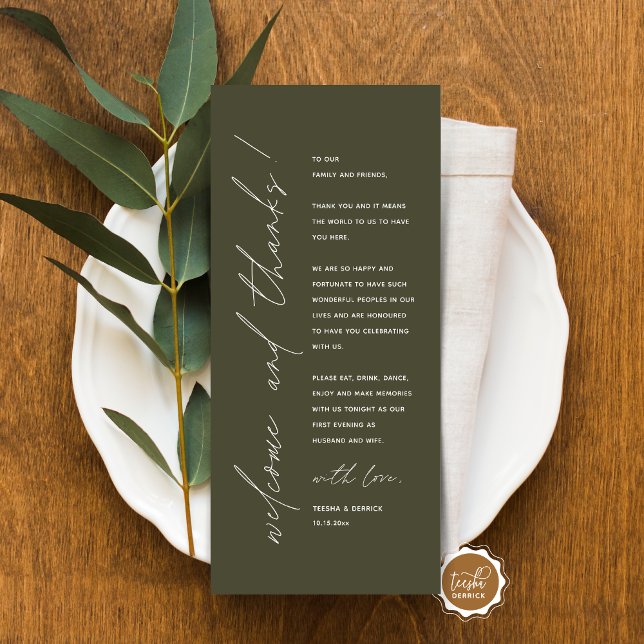 Cartões de agradecimentos de Configuração de Local (Minimalist Wedding Place Setting Thank You Card, for dinner, brunch, lunch party, in olive green)