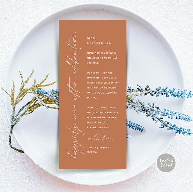 Cartões de agradecimentos de Configuração de Local (Happily Ever After Celebration, Wedding Place Setting Thank You Card, Minimalist, Copper Rust Brown)