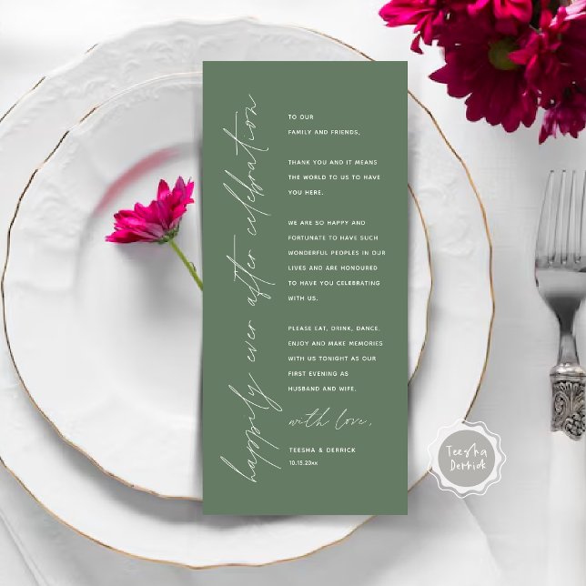 Cartões de agradecimentos de Configuração de Local (Happily Ever After Celebration, Wedding Place Setting Thank You Card, Minimalist, Sage Green)