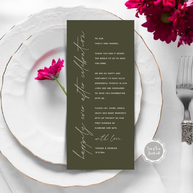 Cartões de agradecimentos de Configuração de Local (Happily Ever After Celebration, Wedding Place Setting Thank You Card, Minimalist, Olive Green)