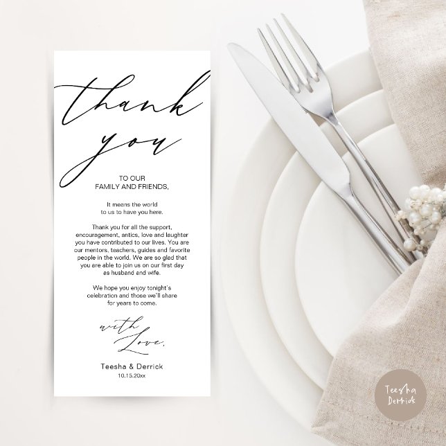 Cartões de agradecimentos de Configuração de Local (Modern Minimalist Wedding Dinner Place Setting Thank You Card in Black White)
