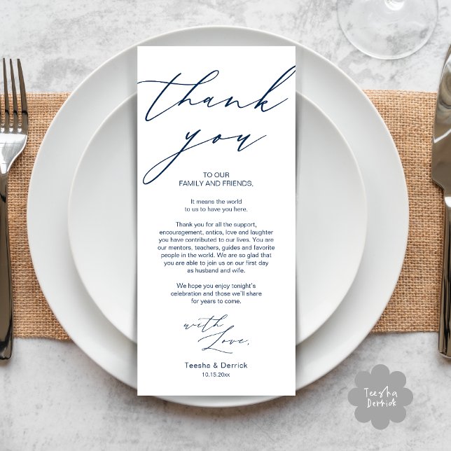 Cartões de agradecimentos de Configuração de Local (Modern Minimalist Wedding Dinner Place Setting Thank You Card in Navy Blue)