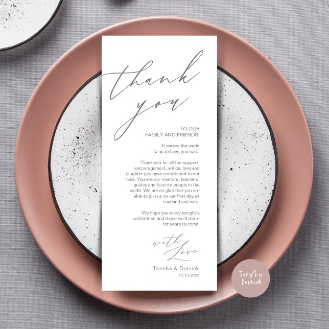 Cartões de agradecimentos de Configuração de Local (Wedding Place Setting Dinner Thank You Card, Modern Romantic Script, in Dark Grey)