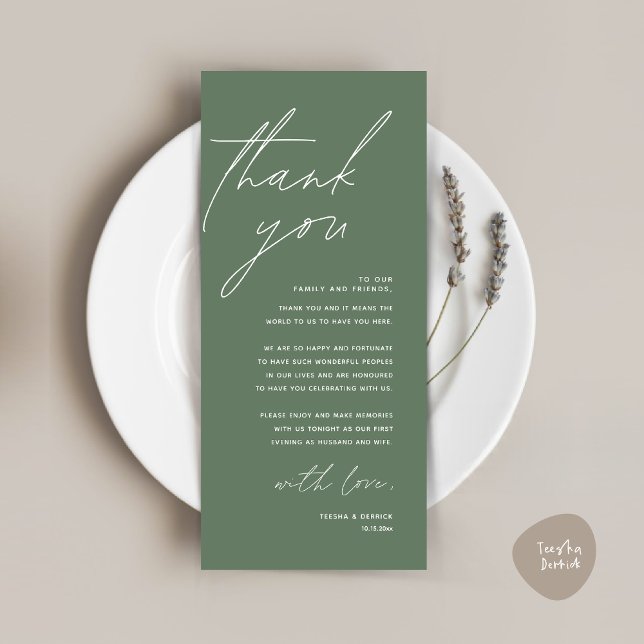 Cartões de agradecimentos de Configuração de Local (Wedding Place Setting Thank You Card, Modern Minimalist in Forest Sage Green)
