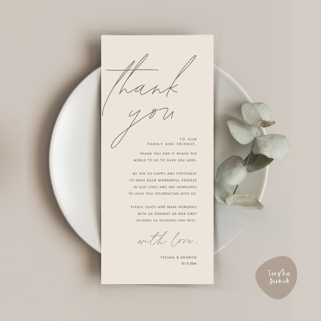 Cartões de agradecimentos de Configuração de Local (Wedding Place Setting Thank You Card, Modern Minimalist in Cream Dark Grey)